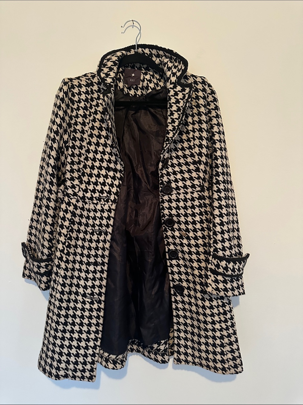 Houndstooth Button-Front Wool Blend Coat - Black & White